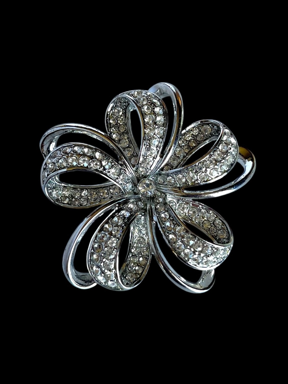 Monet Silver Ribbon Flower Rhinestone Statement Brooch
